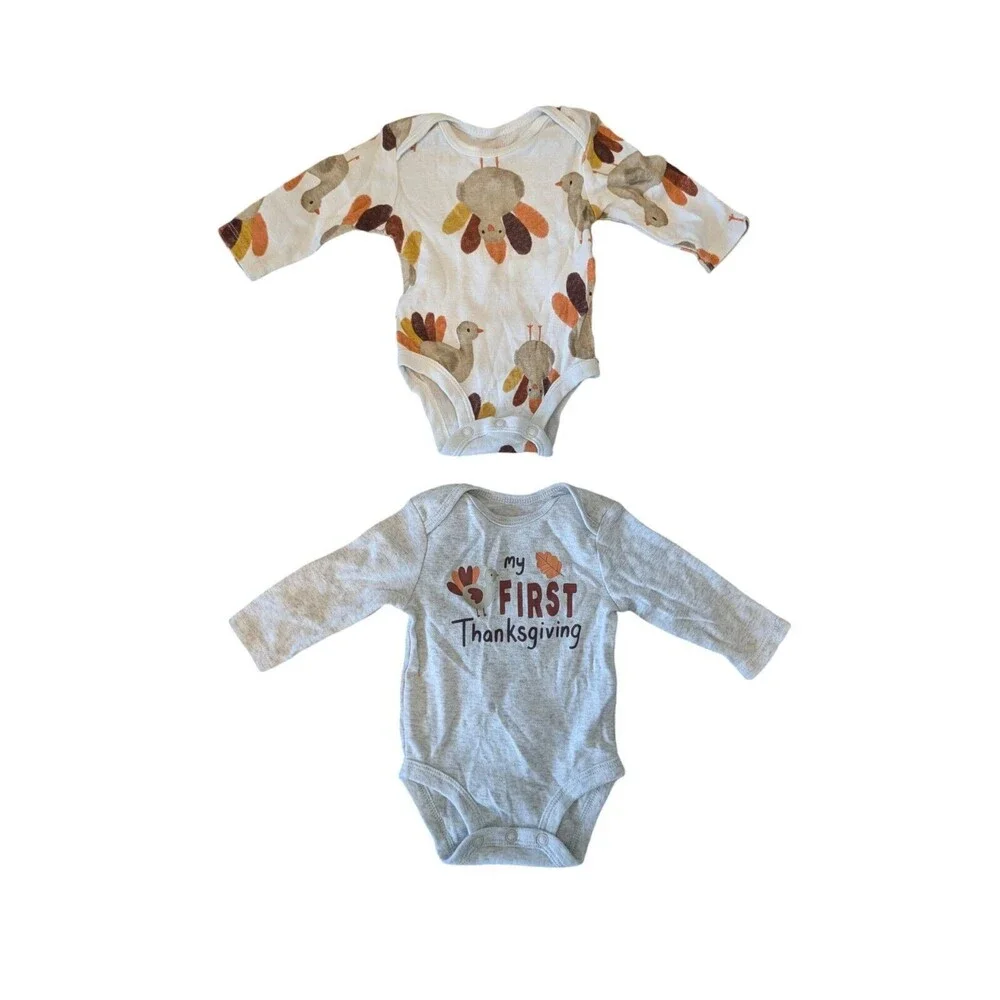 Baby's Boy Girl First Thanksgiving TWO Bodysuits Turkey Carters NB
